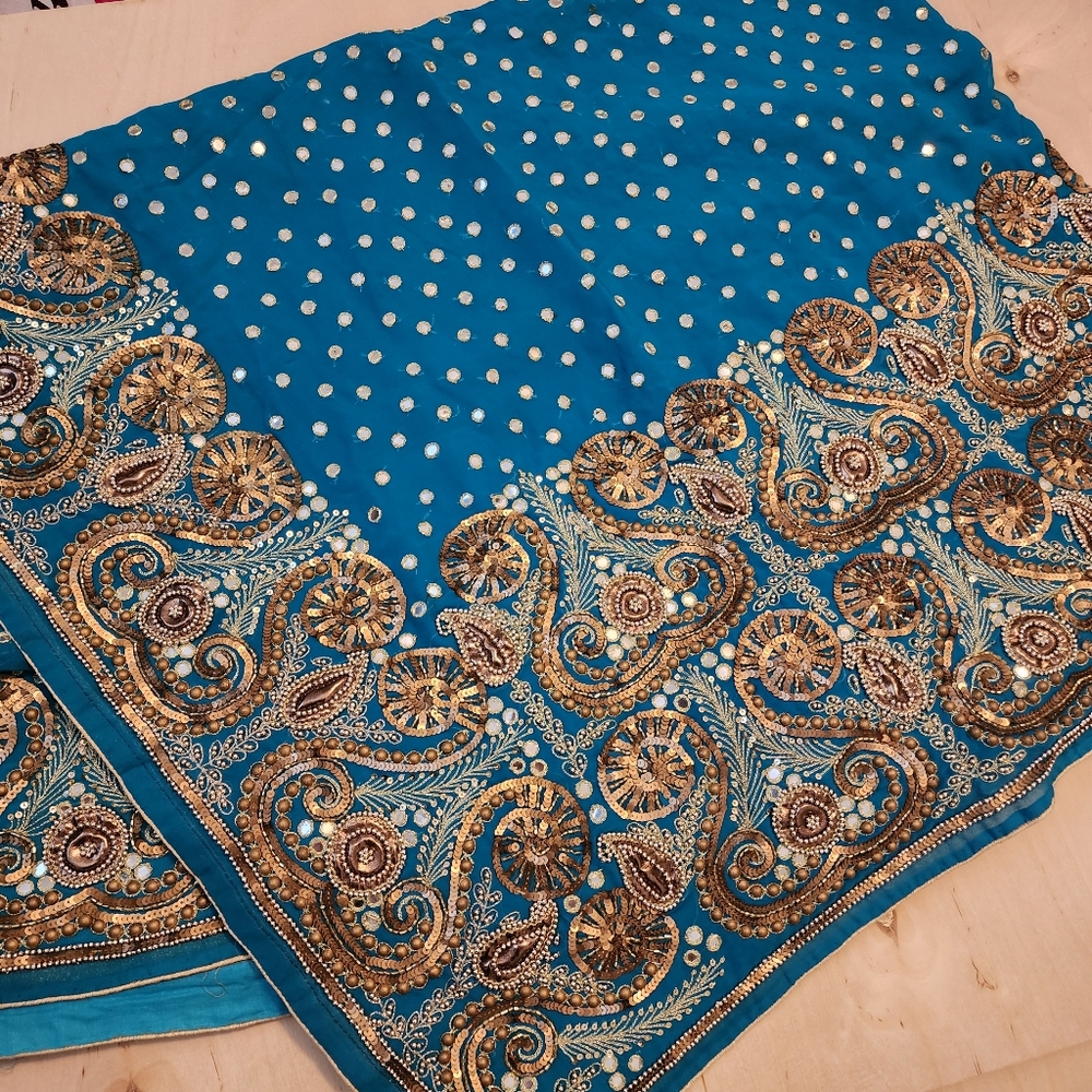 Deep Turquoise Saree with Antique Gold Accents - Worn Once Size S